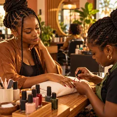 Manicure a tratar as unhas de uma cliente